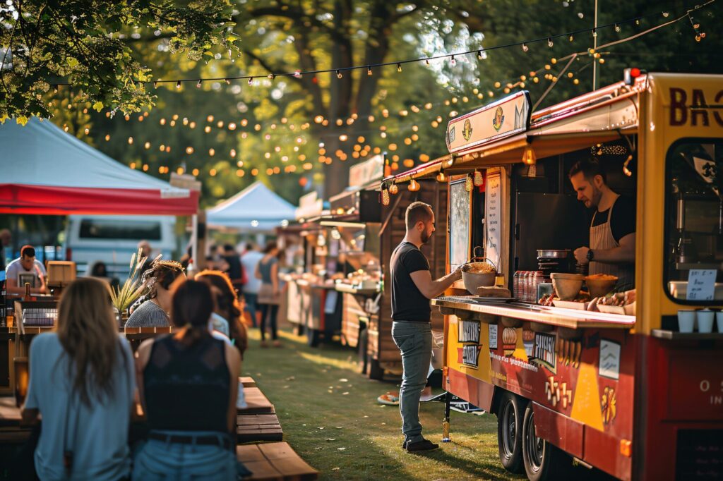 Food trucks and visitors at a sunlit village fete with string lights and outdoor seating, capturing a relaxed community event atmosphere