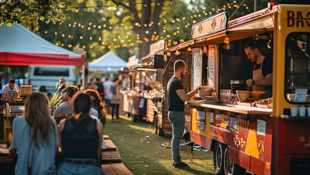 Food trucks and visitors at a sunlit village fete with string lights and outdoor seating, capturing a relaxed community event atmosphere