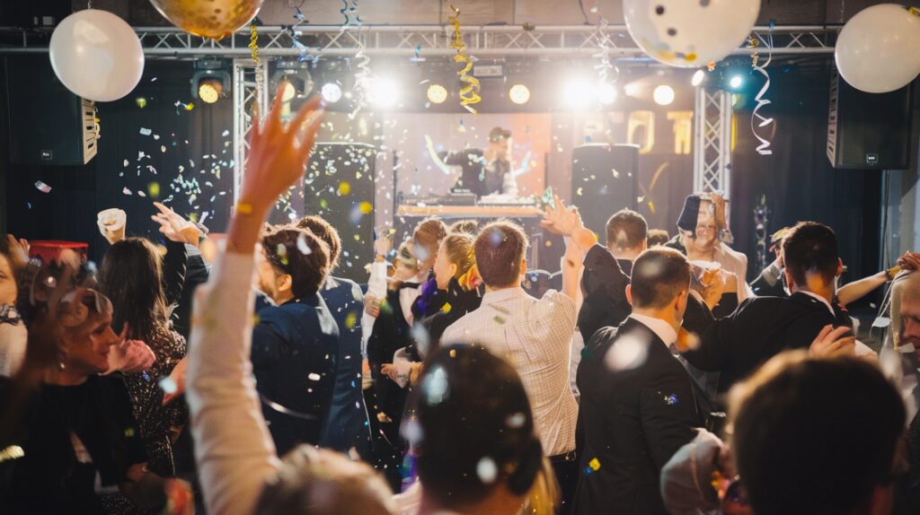 Crowd celebrating with confetti and balloons at an indoor party, DJ performing on stage with colourful lights and speakers in the background.