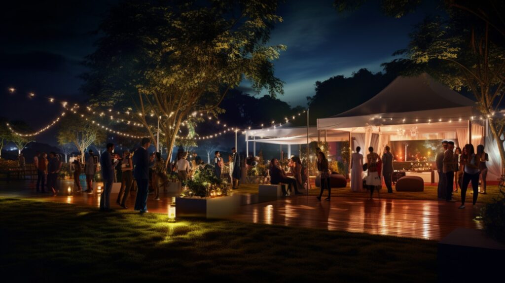 Outdoor evening event with guests mingling under festoon lights, featuring a large white event shelter with draped sides, surrounded by trees and warm ambient lighting.