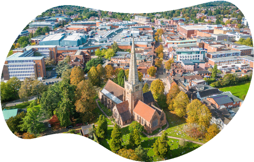 Aerial view of Solihull town centre and St Alphege Church – used on JET’s event equipment hire Solihull page