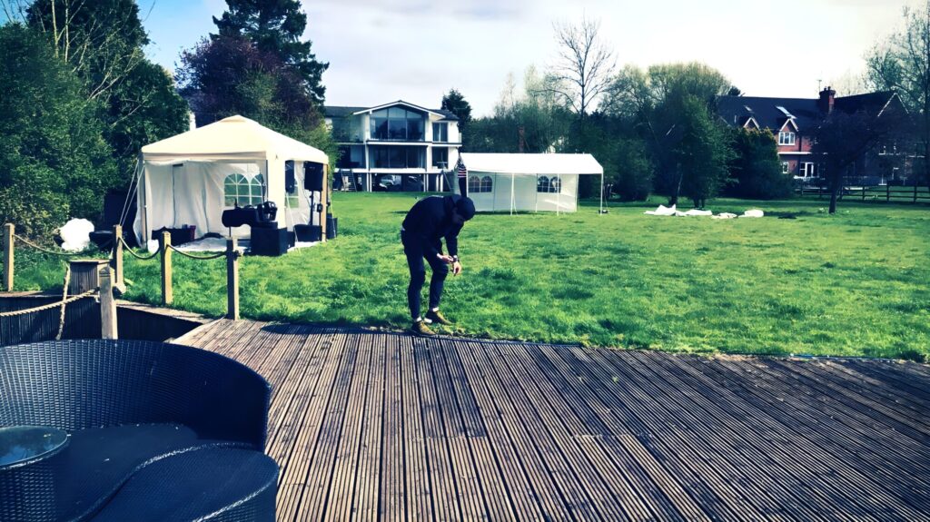 Outdoor event setup with shelters and audio gear in Stratford-upon-Avon – JET event equipment hire Warwickshire