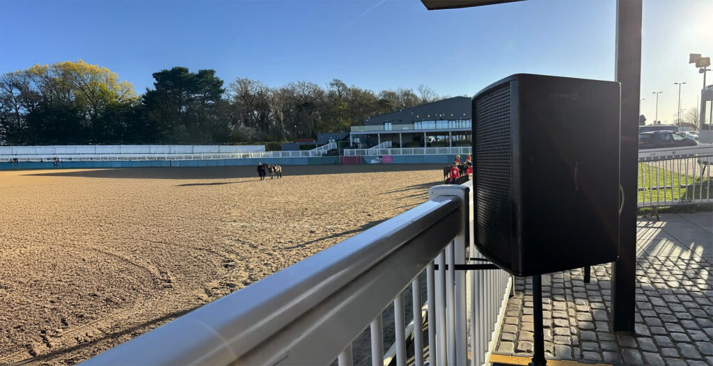 LD Systems Stinger 15-inch speaker on stand providing sound system rental at outdoor equestrian event