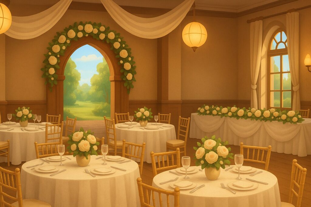 Elegant indoor wedding venue setup with round tables, floral centrepieces, and natural light—ideal for compact PA systems focused on speeches and background music.