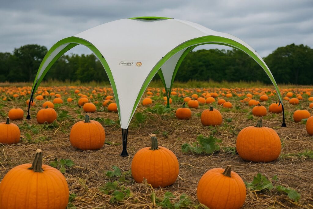 Coleman event tent set up in a pumpkin field for an outdoor autumn festival in Shropshire