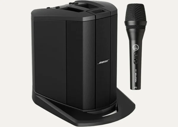 Compact PA system with Bose speaker and AKG wired microphone for announcements and public speaking