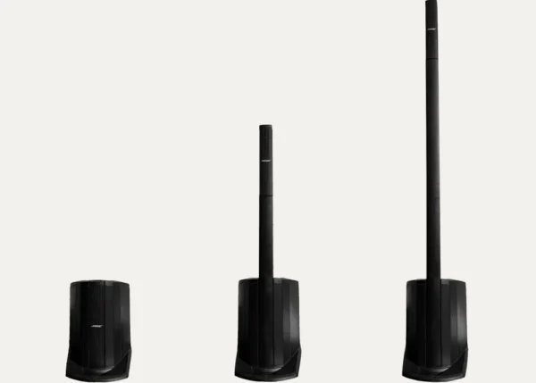 Bose L1 Compact speaker system shown in different height configurations for live events and acoustic performances