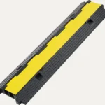 Heavy duty cable floor cover with yellow safety strip for protecting wires at events
