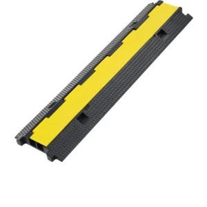 Heavy duty cable floor cover with yellow safety strip for protecting wires at events
