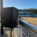 PA speaker setup for outdoor event sound system at venue in West Midlands