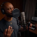 condenser microphone recording vocals in home studio setup