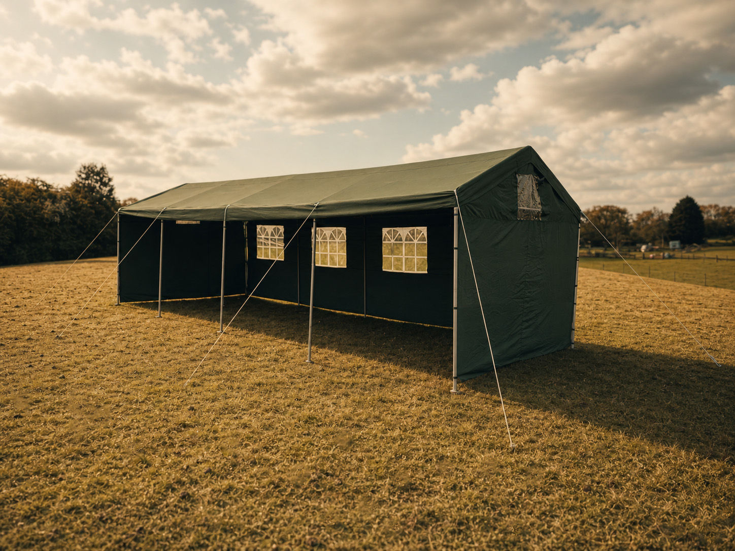 9x3m green event tent with removable side panels and windows, outdoor marquee setup