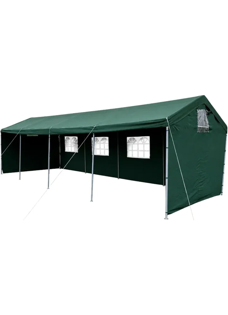 Green 9x3m marquee with side walls and windows for outdoor event hire setup