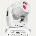 White Chauvet Intimidator Spot LED 350 moving head light shown from the side