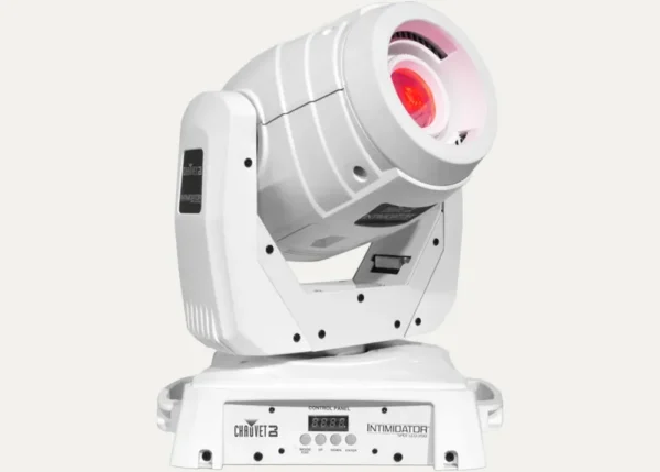 White Chauvet Intimidator Spot LED 350 moving head light shown from the side