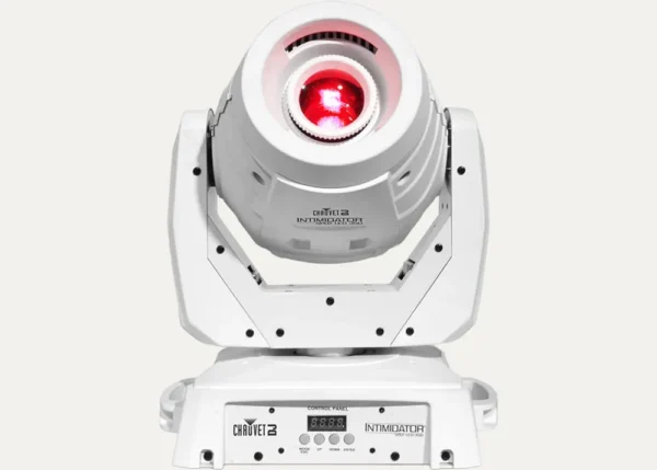 Front view of white Chauvet Intimidator Spot LED 350 moving head with red beam effect