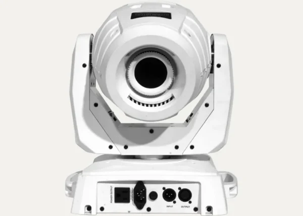 Rear view of white Chauvet Intimidator Spot LED 350 showing power and DMX connections