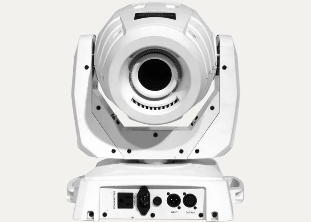 Front view of white Chauvet Intimidator Spot LED 350 moving head with red beam effect
