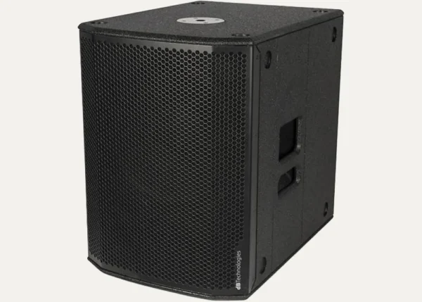 Angled view of dBTechnologies SUB 615 active 15 inch subwoofer for DJ and event hire