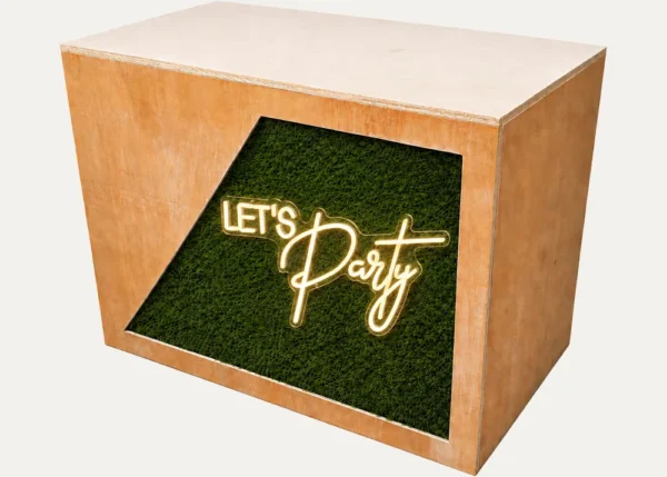 Wooden DJ booth with Let’s Party neon sign for weddings and private events
