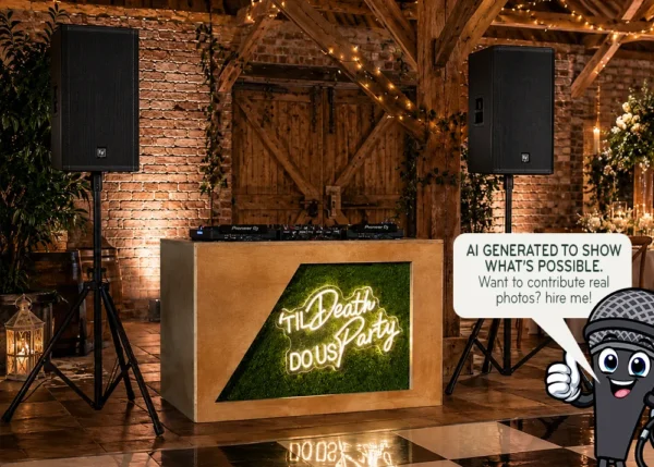 Rustic DJ booth with Till Death Do Us Party neon sign at a barn wedding setup