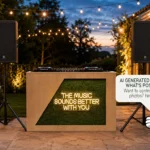 Outdoor DJ booth hire setup with The Music Sounds Better With You neon sign