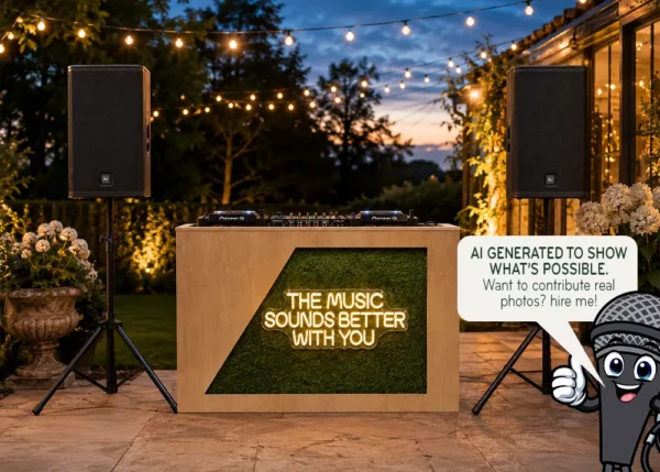 Outdoor DJ booth hire setup with The Music Sounds Better With You neon sign
