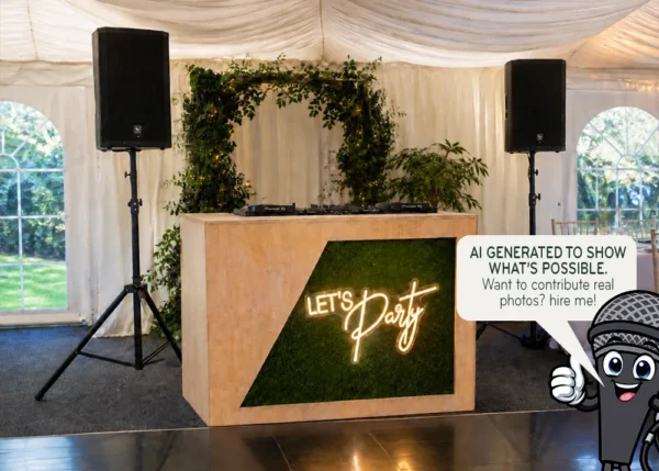 Rustic DJ booth with Let’s Party neon sign inside a marquee event setup