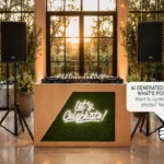 Wedding DJ booth hire with Let’s Celebrate neon sign and speaker setup