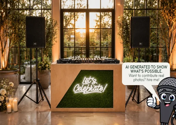 Wedding DJ booth hire with Let’s Celebrate neon sign and speaker setup