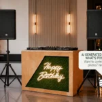 Birthday party DJ booth hire with Happy Birthday neon sign and event speakers