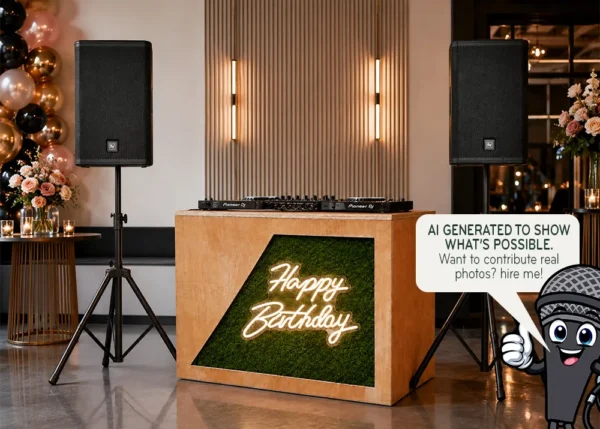 Birthday party DJ booth hire with Happy Birthday neon sign and event speakers