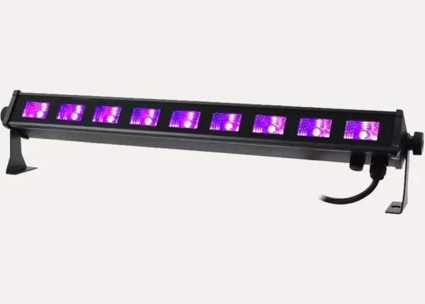 Equinox UV Mini Batten 9 ultraviolet light switched on for glow party and event lighting hire