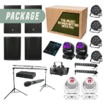 Premium event hire package with DJ booth, PA speakers, mixer, wireless microphone, lighting truss, moving heads, LED lights and smoke machine