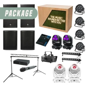 Premium event hire package with DJ booth, PA speakers, mixer, wireless microphone, lighting truss, moving heads, LED lights and smoke machine