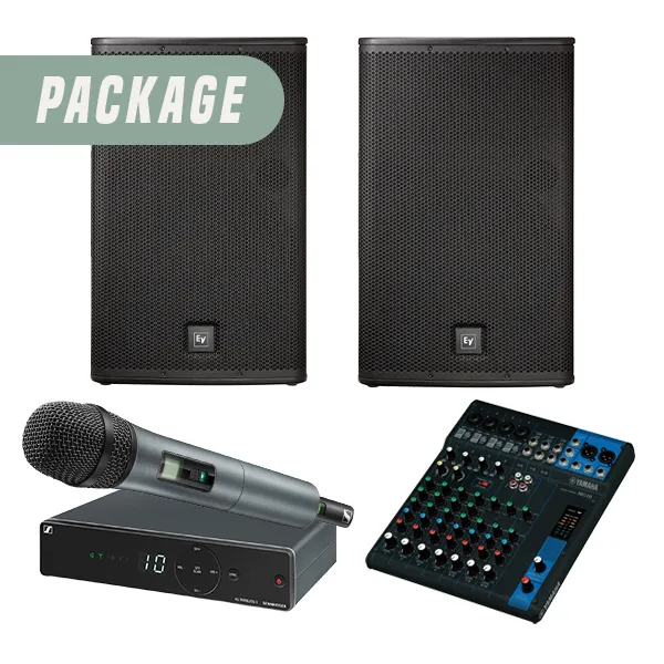 Outdoor Event Package Including 2 speakers, 1 wireless mic and a mixing desk