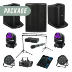 Complete event hire package with speakers, wireless microphone, mixer, lighting truss, moving heads, LED par cans and smoke machine