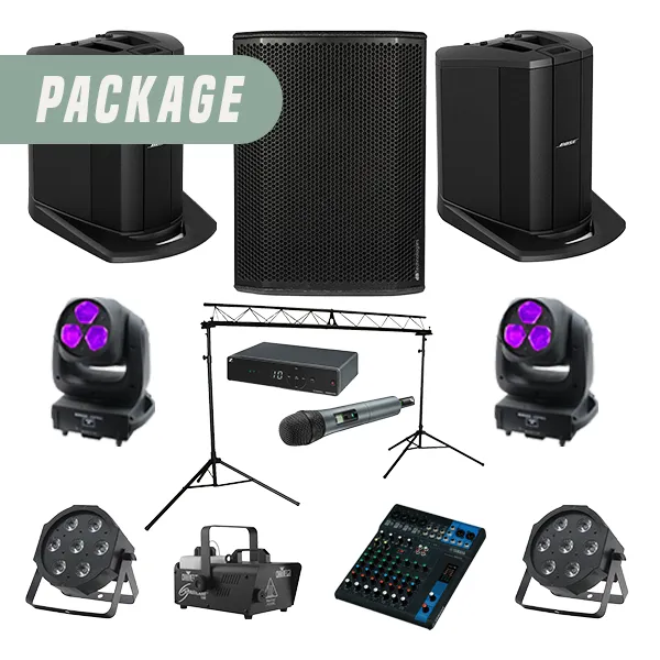 Complete event hire package with speakers, wireless microphone, mixer, lighting truss, moving heads, LED par cans and smoke machine