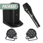 Party speaker hire package with Bose speaker, handheld microphone and LED par can lights for small events
