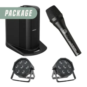 Party speaker hire package with Bose speaker, handheld microphone and LED par can lights for small events