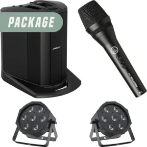 Bose speaker hire package with handheld microphone and two LED par can lights for small events