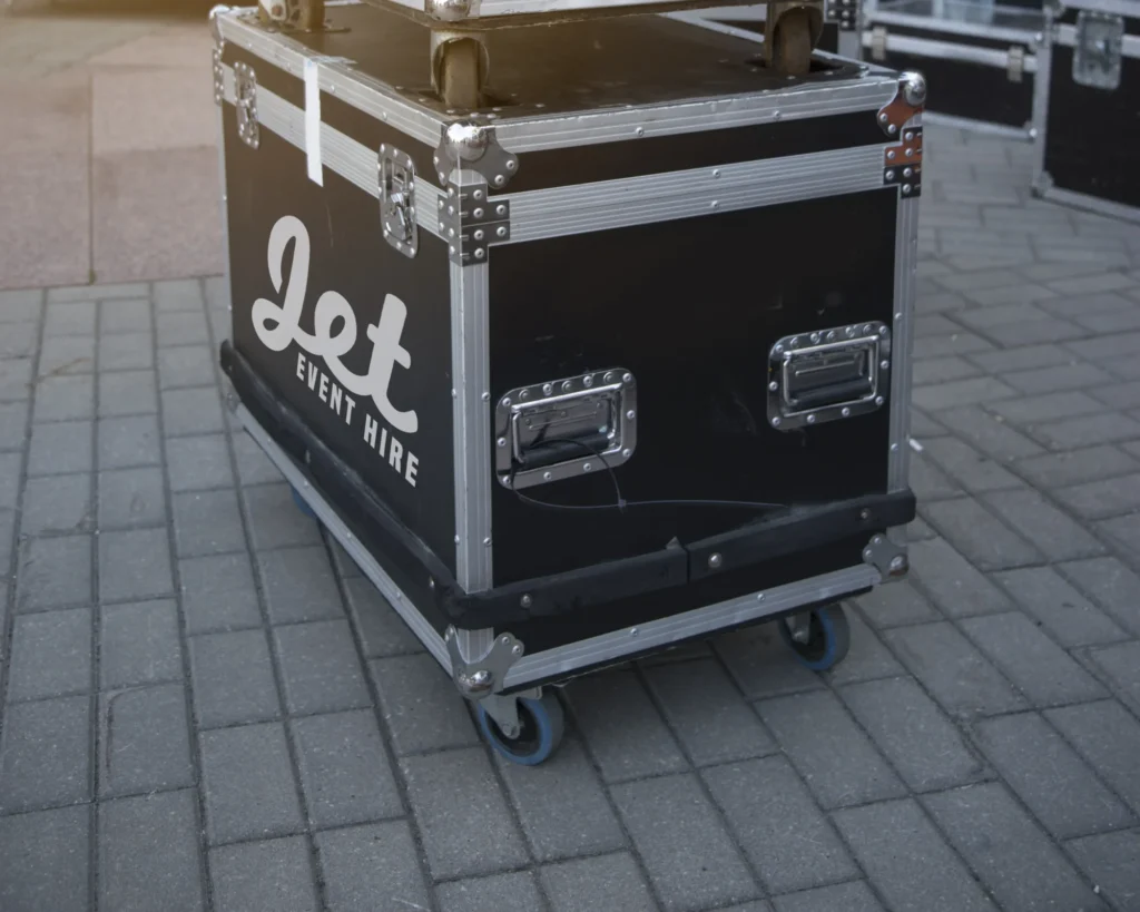 JET Event Hire flight case on wheels for transporting professional sound and lighting equipment