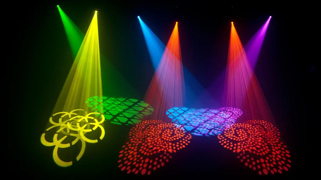 Colourful Chauvet Intimidator Spot 350 beams projecting gobo patterns across a dark stage