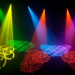 Colourful Chauvet Intimidator Spot 350 beams projecting gobo patterns across a dark stage