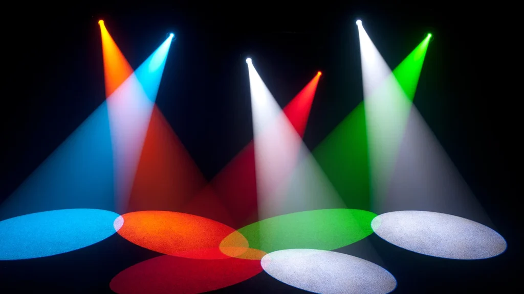 Chauvet Intimidator Spot 350 stage lighting beams in blue, red, green and white