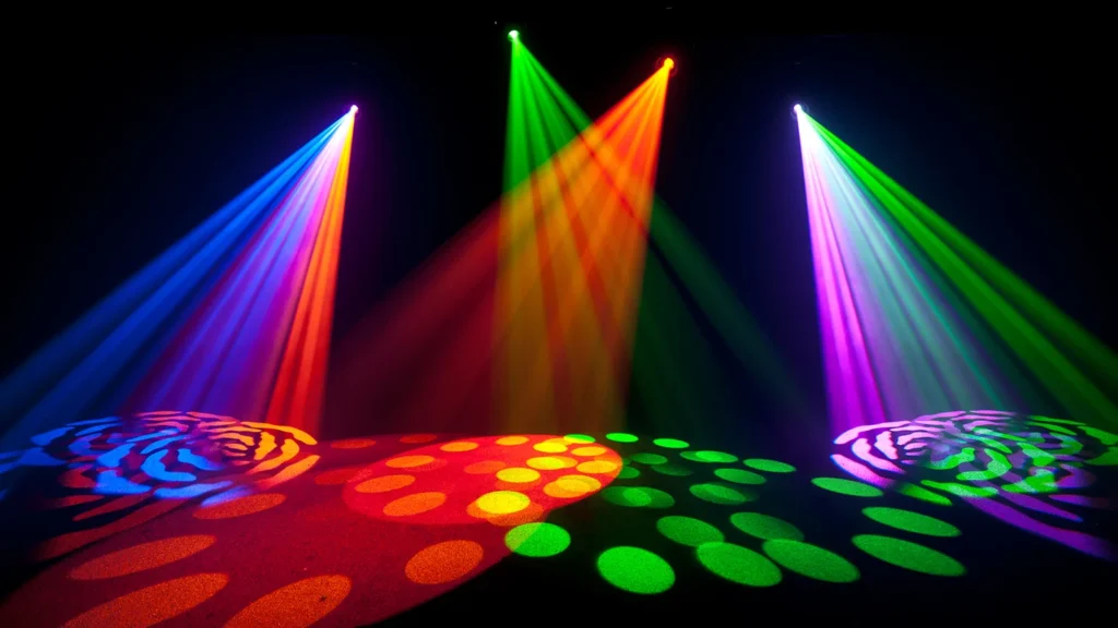 Bright multicoloured moving head beams with gobo patterns created by Chauvet Intimidator Spot 350 lights