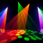 Bright multicoloured moving head beams with gobo patterns created by Chauvet Intimidator Spot 350 lights