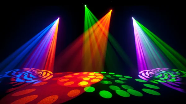 Bright multicoloured moving head beams with gobo patterns created by Chauvet Intimidator Spot 350 lights