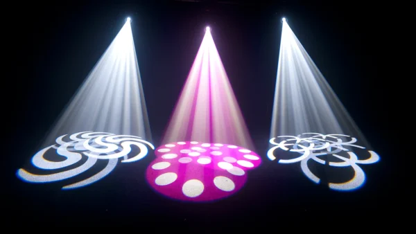 White and pink Chauvet Intimidator Spot 350 beams with circular gobo patterns on a dark floor