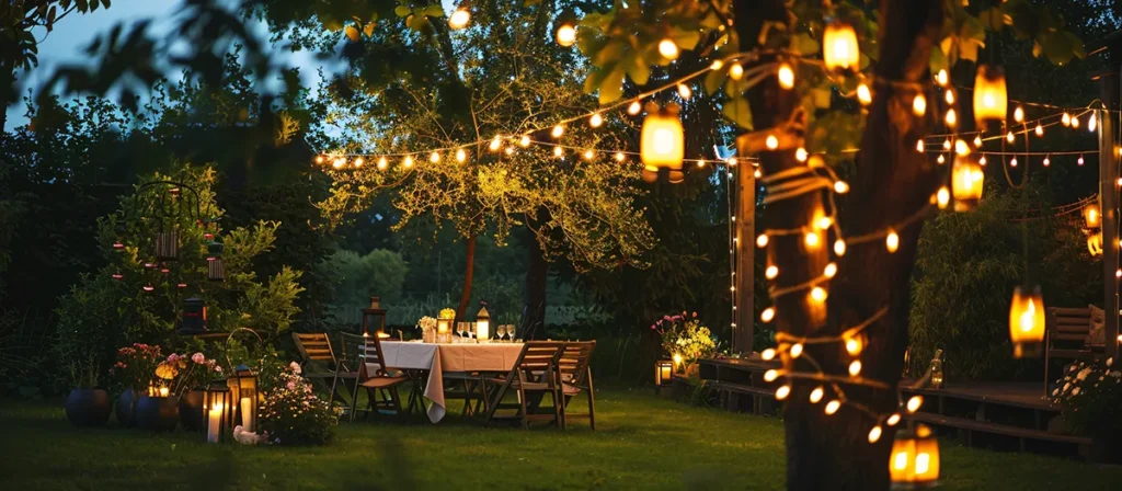 Garden party seating area with warm outdoor string lights and lanterns